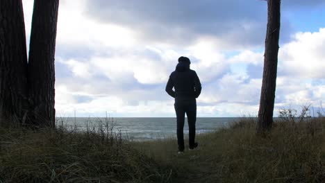 Back-view-of-caucasian-male-exploring-nordic-seaside-forest,-man-walking-alone-in-the-coastal-pine-forest-near-the-beach,-sunny-day-with-clouds,-healthy-activity-concept,-medium-wide-shot