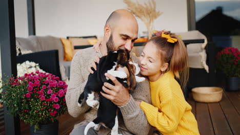 Happy-Father-and-daughter-are-sitting-on-the-doorstep-of-their-house,-playing-with-puppies.-4k-video