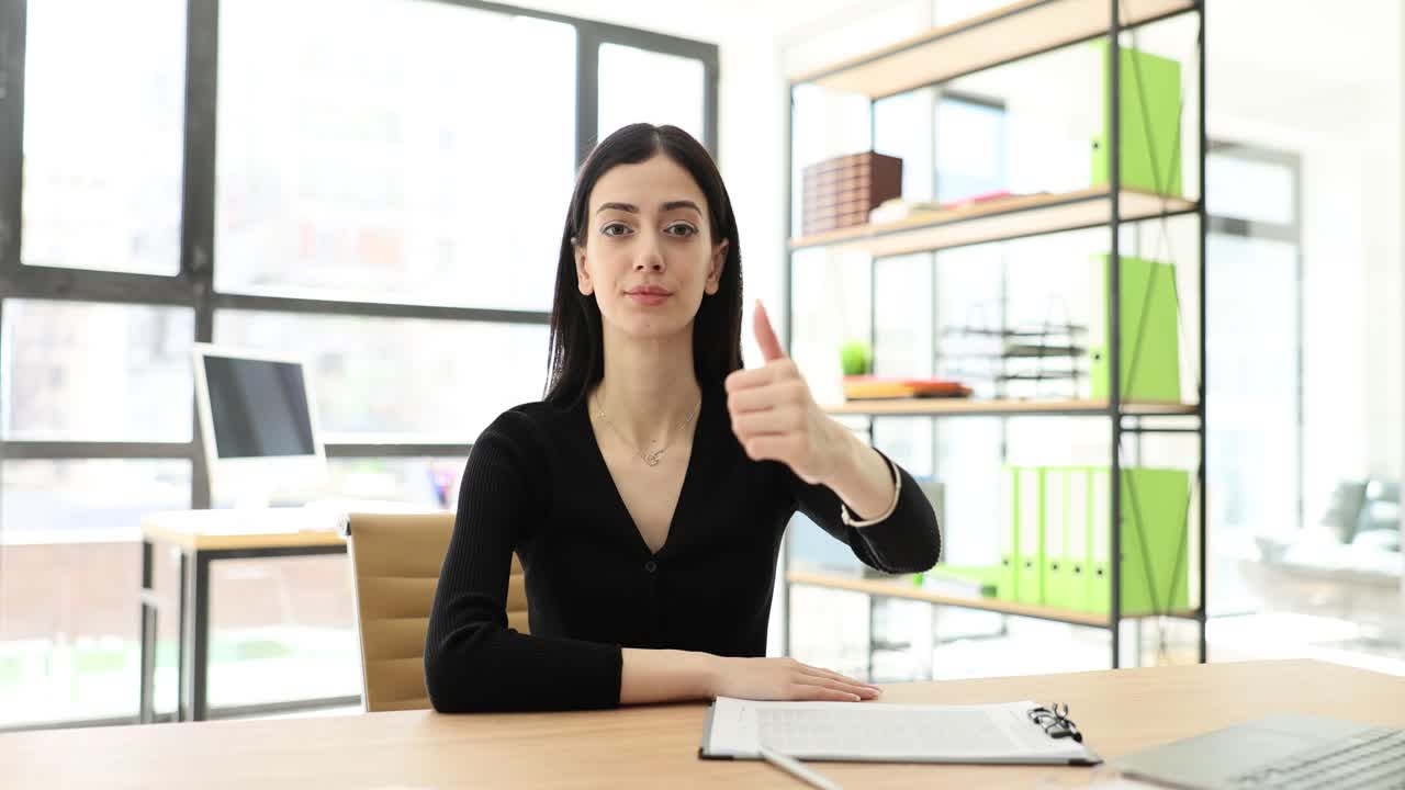 Young woman giving a thumbs-up in an office