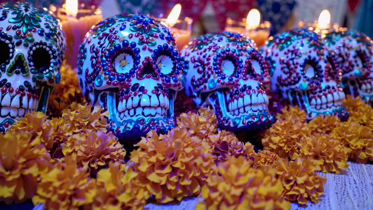 Colorful skulls adorned with beads and marigolds, shot from a low angle, capturing the vibrant