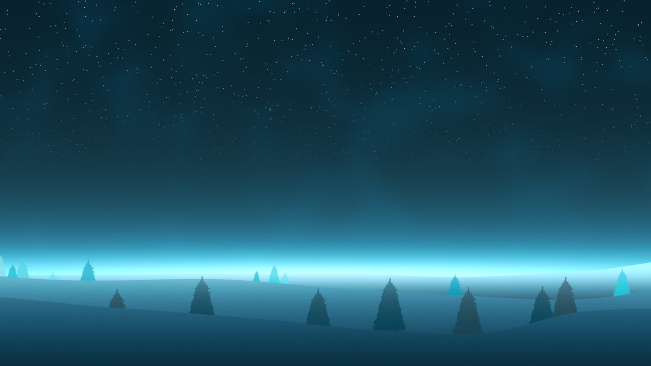 Christmas trees in forest with snow in blue night sky with stars