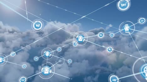 animación de la red de conexiones con iconos en nubes sobre fondo de cielo azul