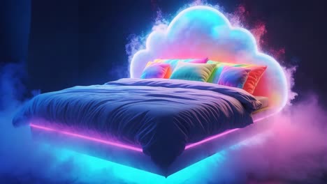 floating cloud bed with neon lighting