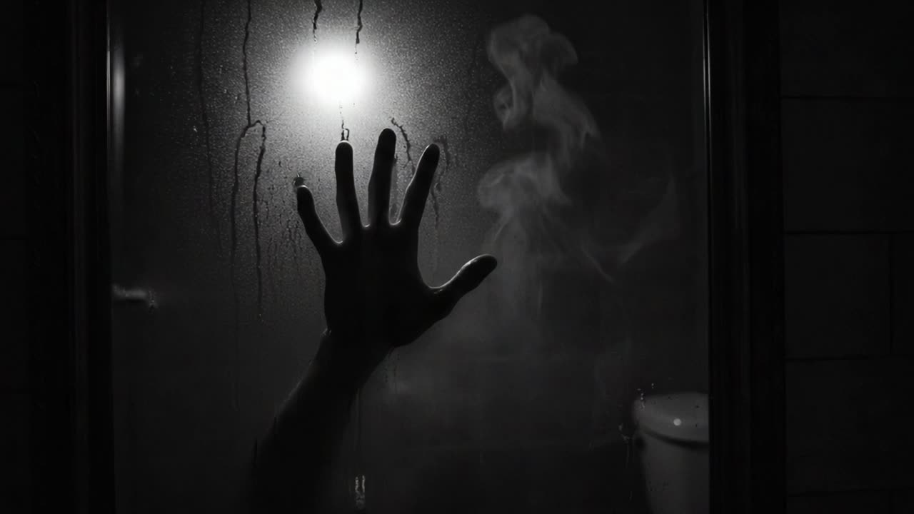 A haunting exploration of fear and isolation as a mysterious hand appears through a foggy glass, illuminated by an eerie light that heightens the suspenseful atmosphere