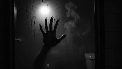 a haunting exploration of fear and isolation as a mysterious hand appears through a foggy glass, illuminated by an eerie light that heightens the suspenseful atmosphere