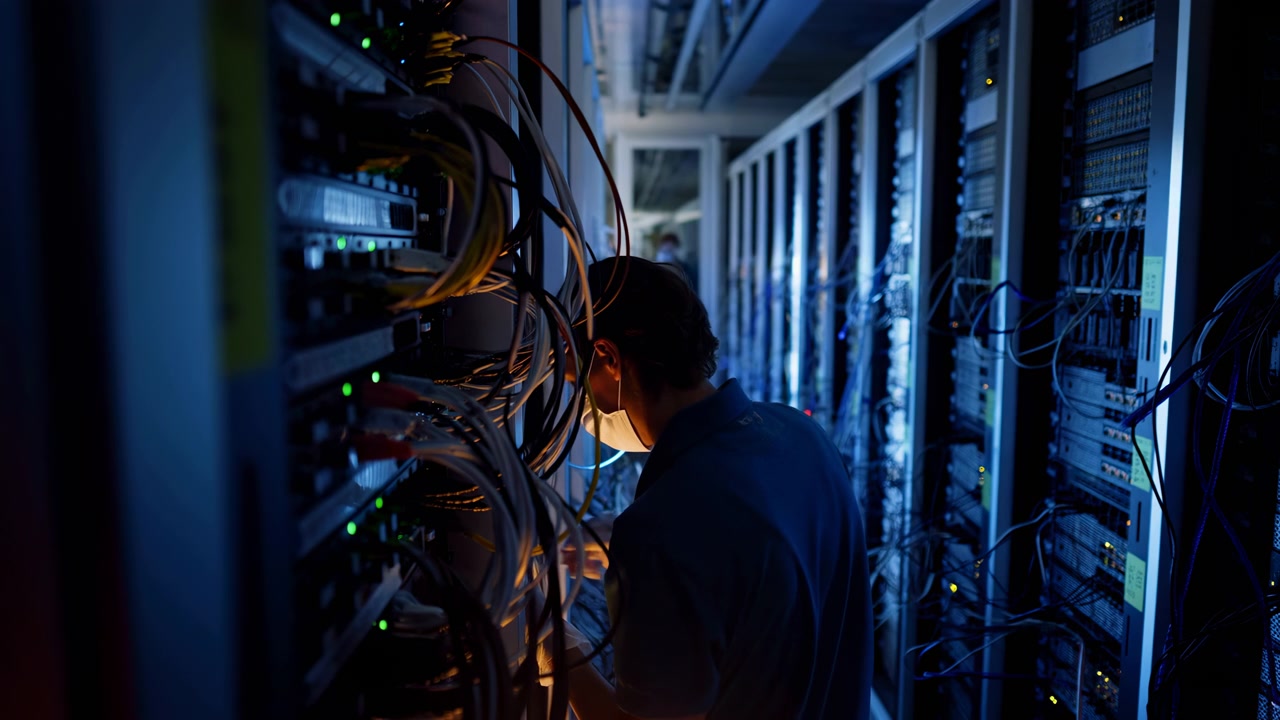 It Technician Inspecting Server Rack Dim Bluelit Data Center Aisle, Tangled Cables And Blinking Leds, Hands