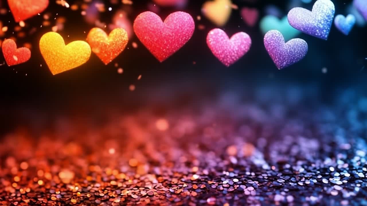 Bright hearts on a glow. Sparkling hearts of various colors are gently drifting through a vibrant, illuminated space filled with glitter.