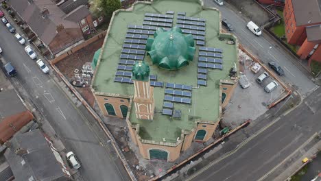 Aerial-view-of-Gilani-Noor-Mosque-in-Longton,-Stoke-on-Trent,-Staffordshire,-the-new-Mosque-being-built-for-the-growing-muslim-community-to-worship-and-congregate