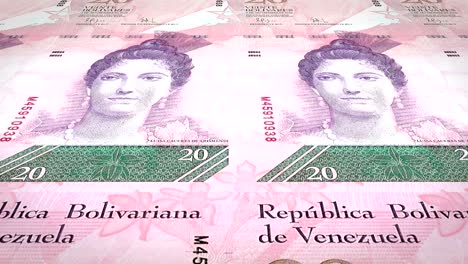 banknotes of twenty venezuelan bolivars rolling on screen, cash money, loop