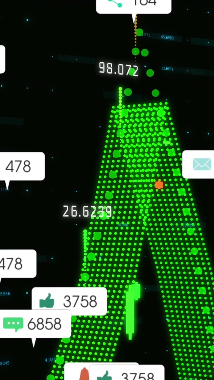 Animation of social media icons floating over financial data processing against black background