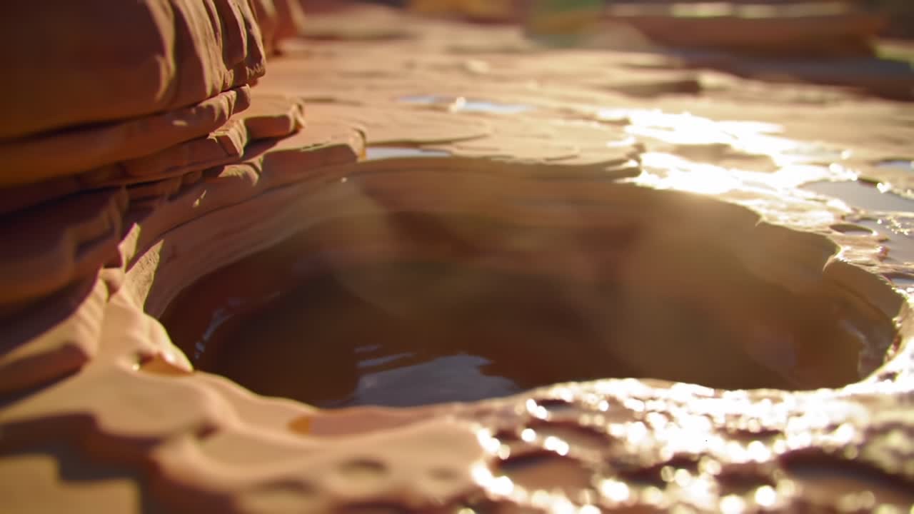Close-up View of a Serene Natural Water Pool Surrounded by Unique Rock Formations Under Soft Light, Capturing the Tranquility of Nature's Beauty