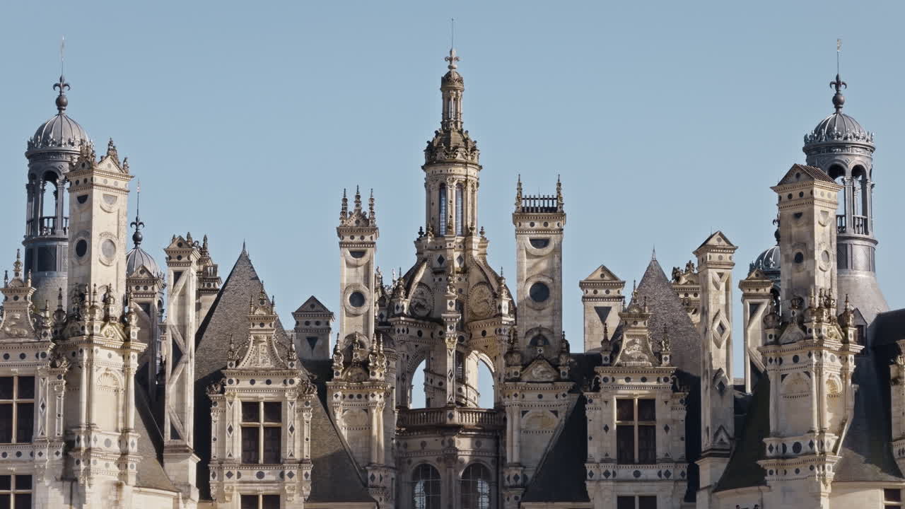 Majestic Renaissance castle with towers in Chambord, France under a clear sky