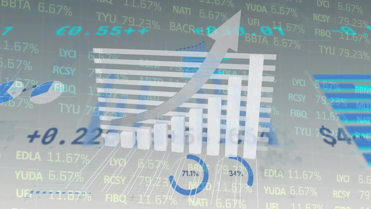Animation of statistical and stock market data processing against grey background