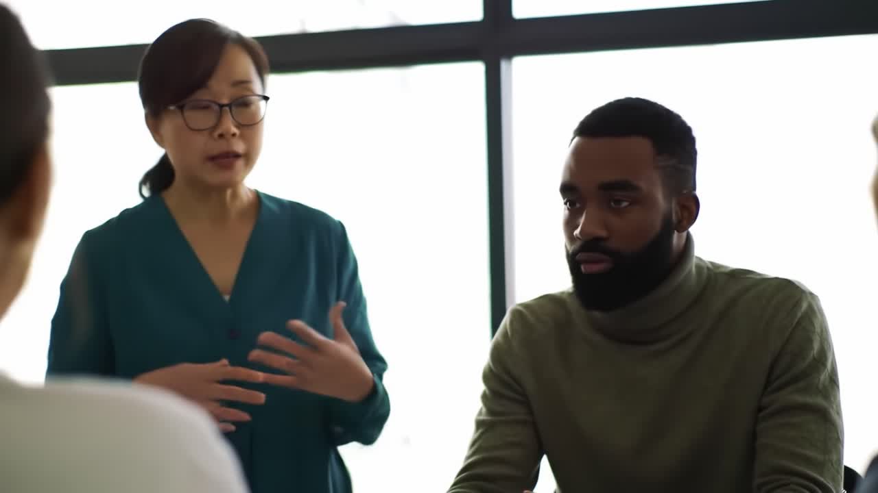 Team members engage in a thoughtful conversation in an office environment. The atmosphere is professional, highlighting teamwork and collaboration among diverse individuals.