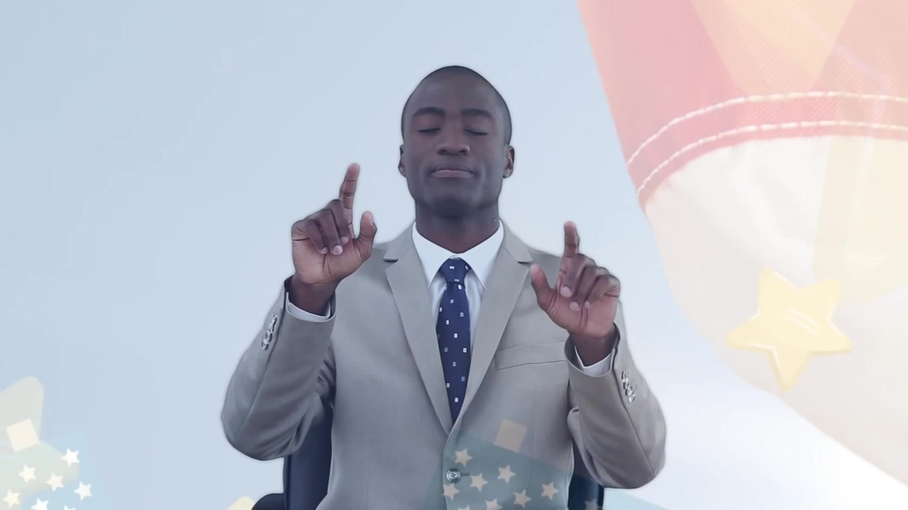 Animation of flag of usa and stars over african american businessman