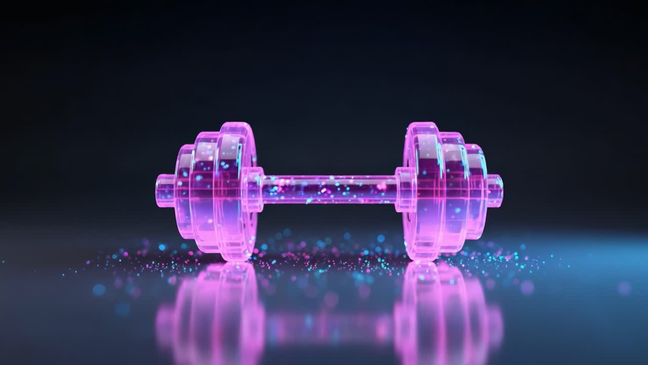 A Stunning Close-up of a Lucent Pink Dumbbell Reflecting Light, Surrounded by Sparkling Glitter and Vibrant Bokeh Effects, Capturing the Essence of Fitness and Fun in a Magical Atmosphere