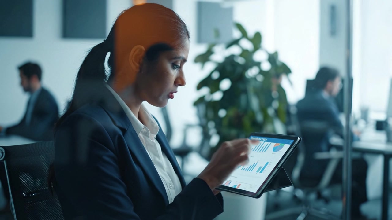 Um profissional focado analisando dados em um tablet em um ambiente de escritório moderno, destacando análises de negócios e produtividade em um espaço de trabalho colaborativo