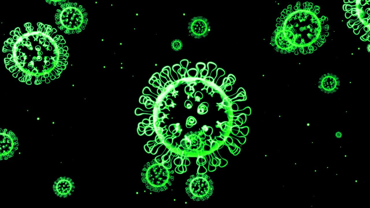 imagen holográfica brillante verde de coronavirus como el virus covid-19 o el virus de la gripe vuela en el aire o flota suavemente en fondo negro. animación 3d en 4k en bucle. para presentación informativa.
