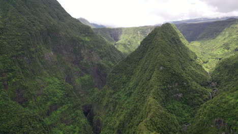 reunion island landscape aerial with the takamaka waterfalls and marsouins river below