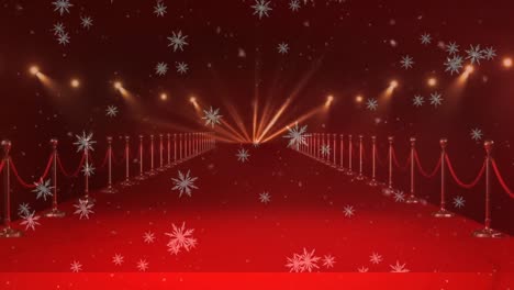 Snowflakes-icons-falling-over-red-carpet-and-golden-barriers-with-lights