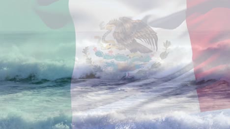 Animación-De-La-Bandera-De-México-Ondeando-Sobre-El-Paisaje-Marino-De-La-Playa.