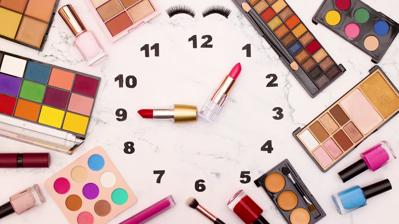 Eye lashes blinking on marble background with clock and make up products - Stop motion