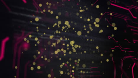 floating golden particles over dark background with faint binary code animation