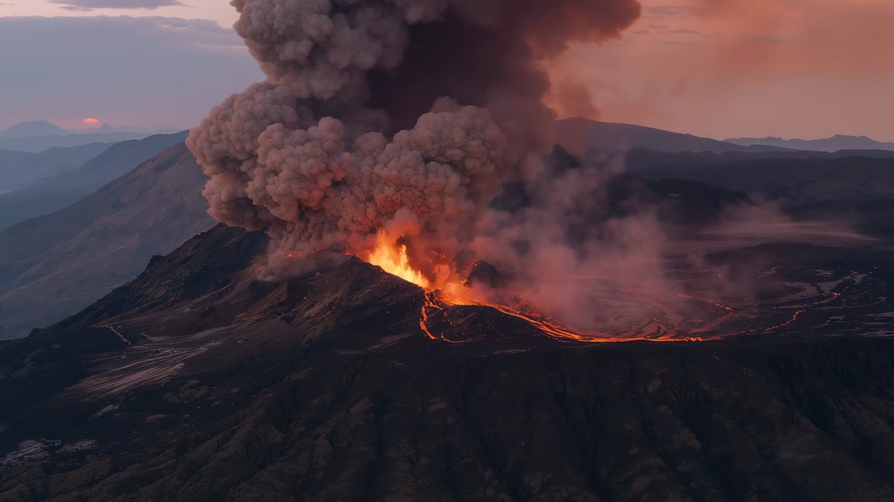 Uno sfiato incandescente inizia un'eruzione sopra il bordo di una montagna al tramonto, inviando fontane di lava e cenere.