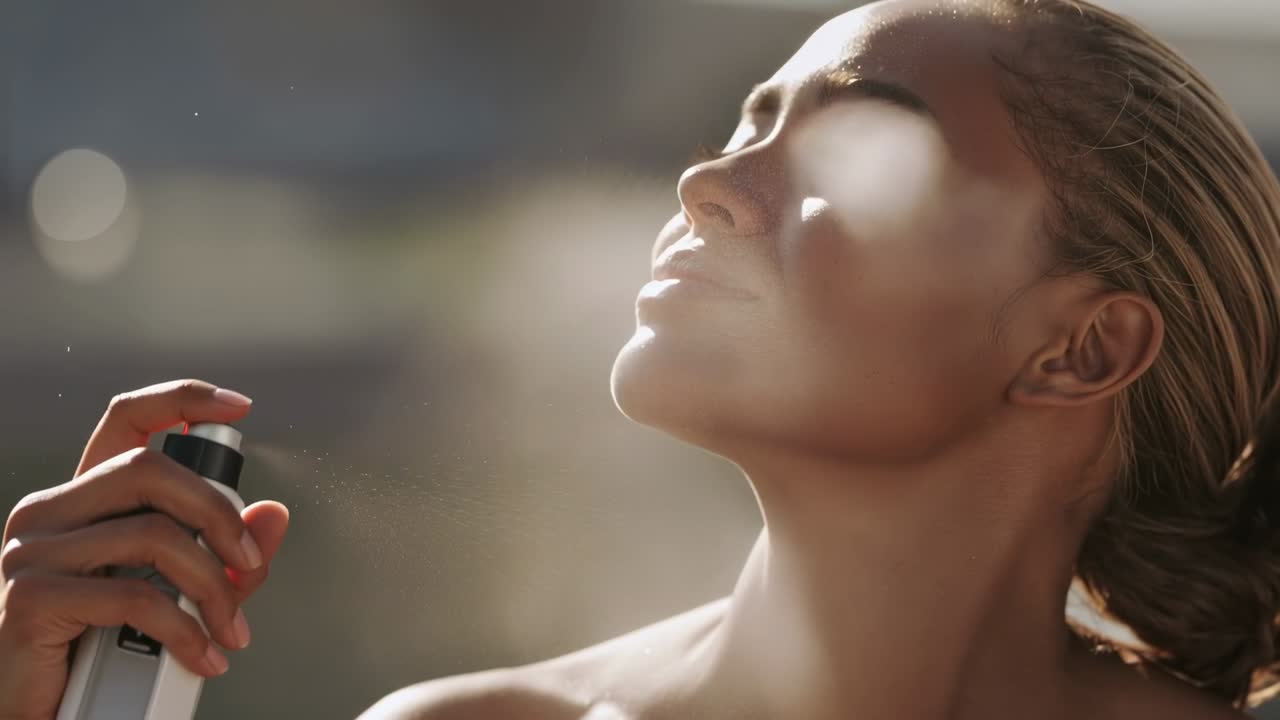 Donna a spalle scoperte che preme il flacone spray, spruzzando nebbia viso in una scena illuminata dal sole per idratare la pelle.