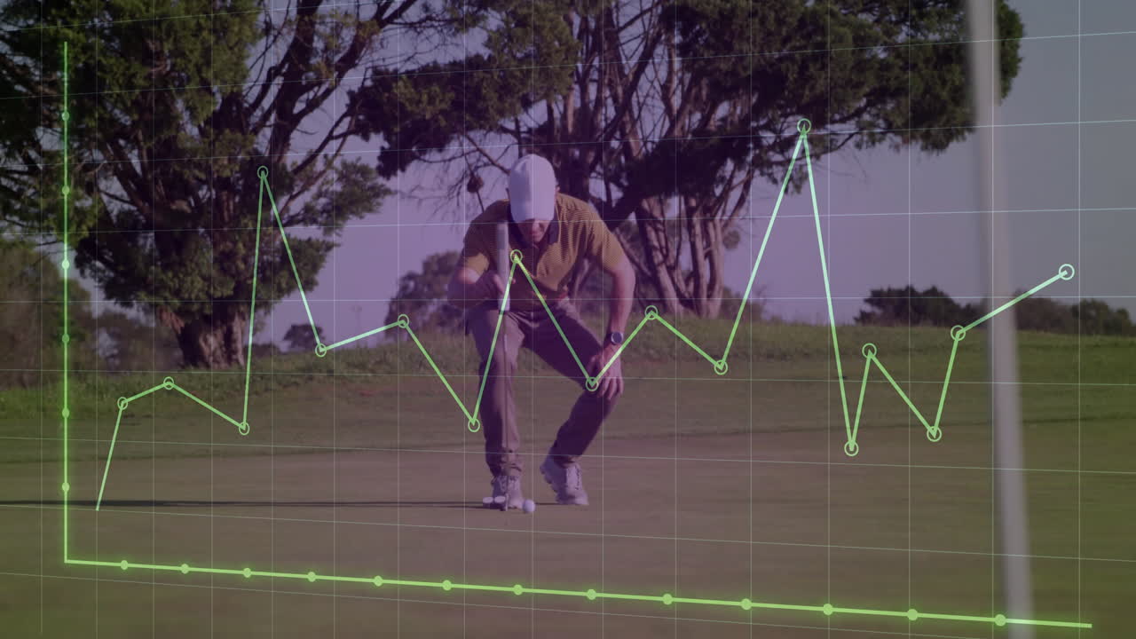male golfer crouching lining up putt on green, displaying animated sports analytics chart