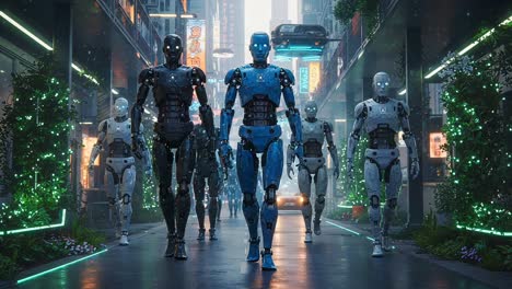 a group of humanoid robots marching confidently through a neon-lit futuristic city street, showcasing a blend of technology and urban design in a vibrant, sci-fi environment
