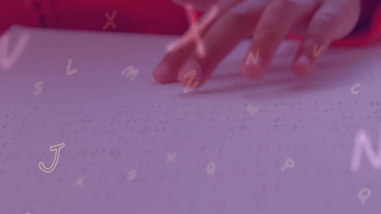 animación de números sobre una colegiala caucásica leyendo braille