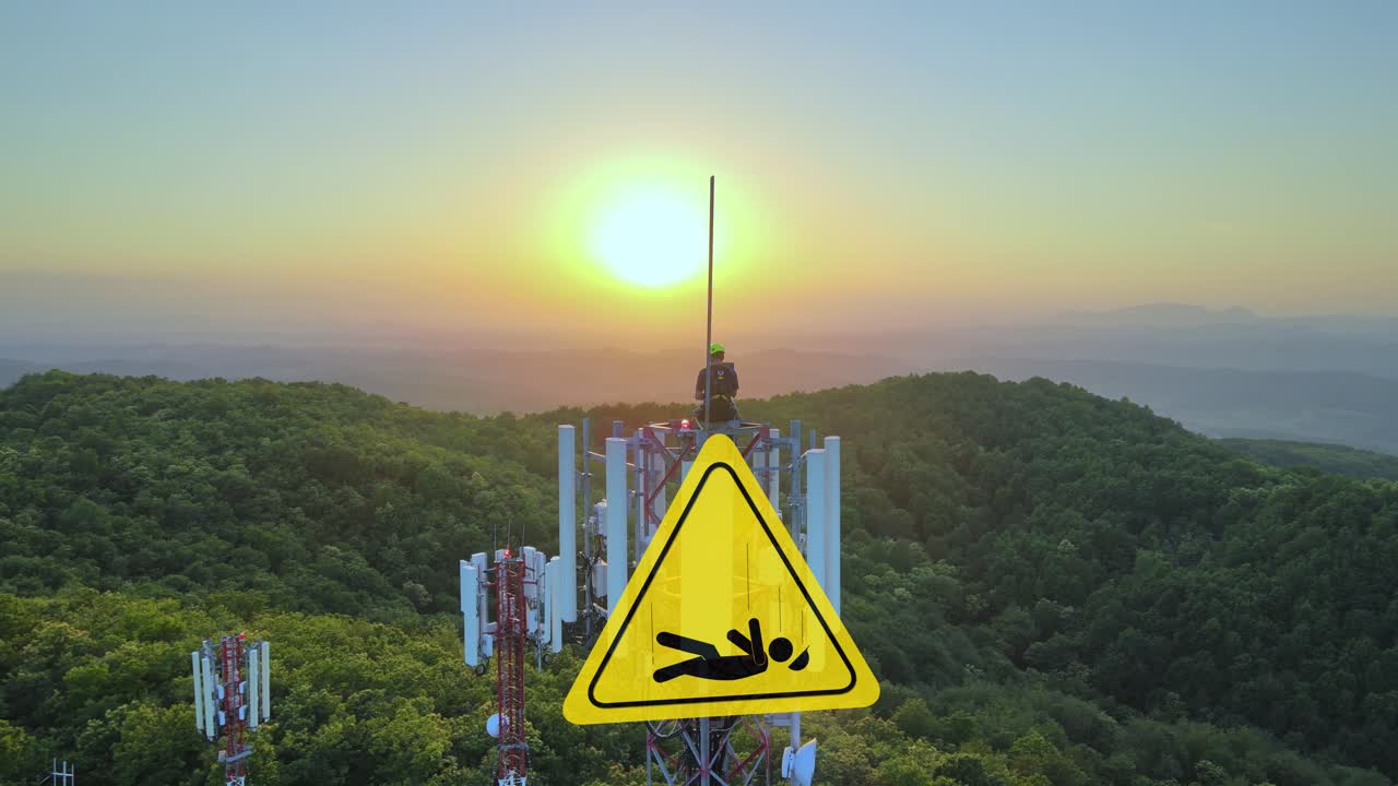 Triangle Yellow Graphic Sign Indicating Risk Of Falling From Height Over Cell Tower With Technician At Work During Sunset. aerial shot, after effects