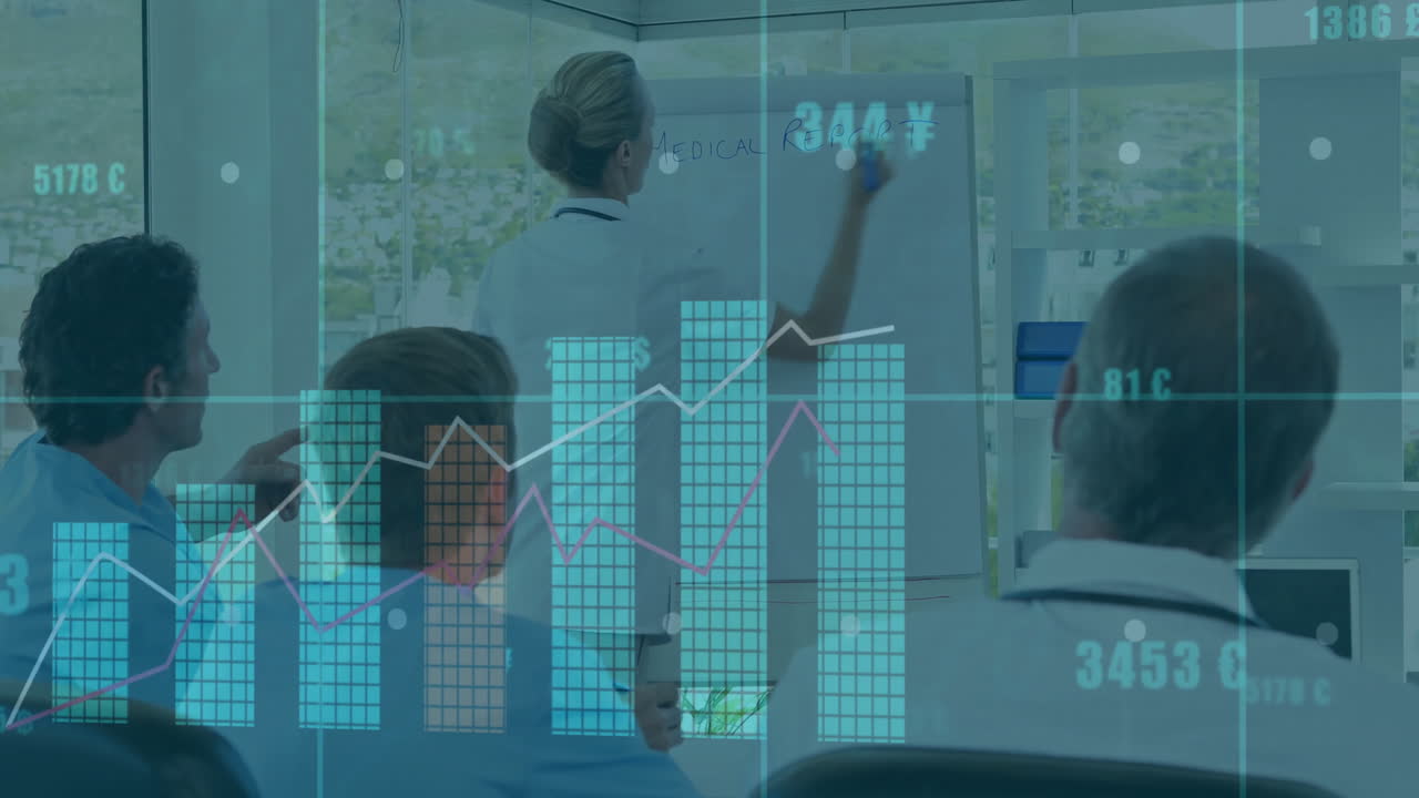 Medical professionals in meeting room with financial data animation overlaid