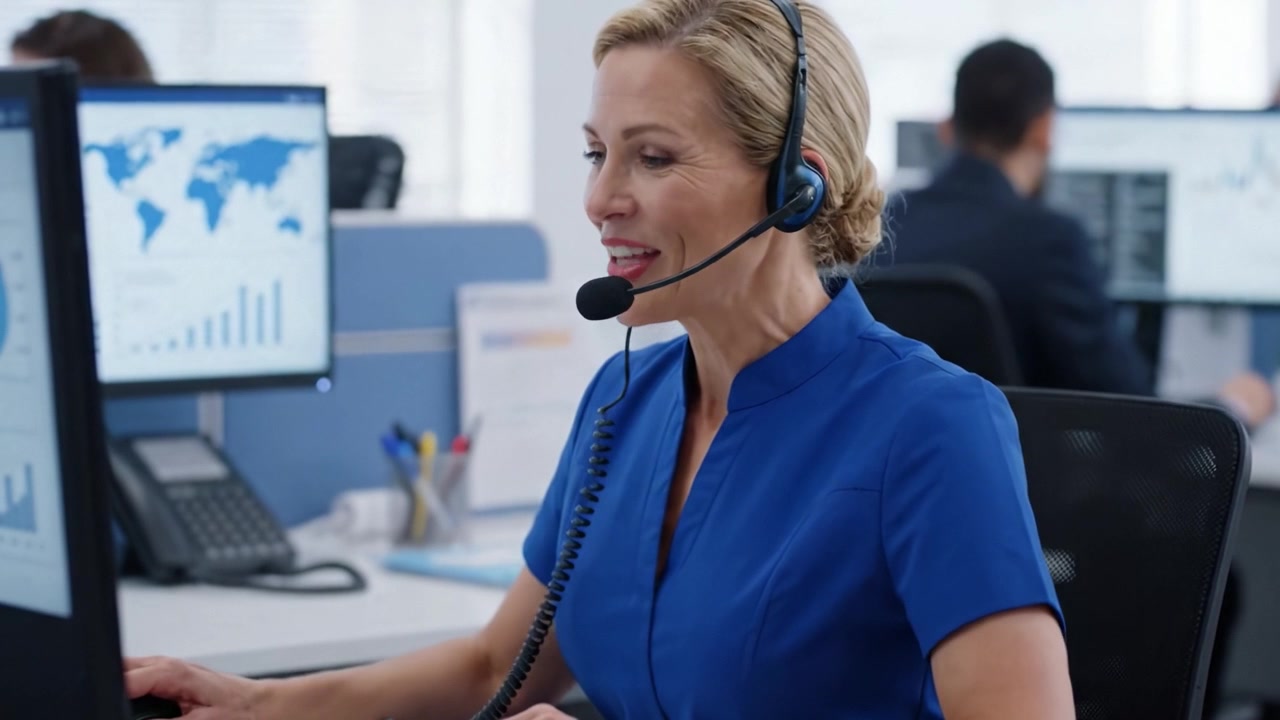 A Customer Service Representative in a Modern Office Configuring Computer Systems While Engaging with Clients Through Headset Technology to Ensure Smooth Communication and Support.