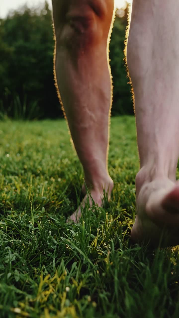 Close-up video of bare feet walking on lush grass at sunset, capturing a serene, natural vibe