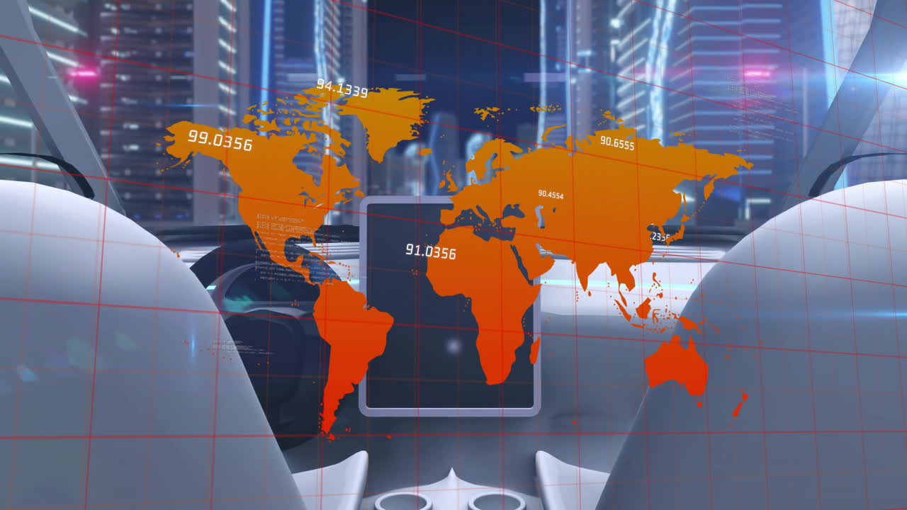 Animation of world map and data processing over modern car and city