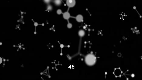Digitale-Animation-Steigender-Zahlen-über-Molekularen-Strukturen,-Die-Vor-Schwarzem-Hintergrund-Schweben