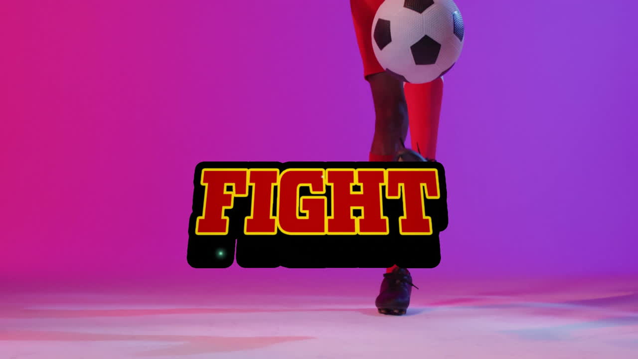 Juggling soccer ball, player with bold FIGHT text overlay in animation