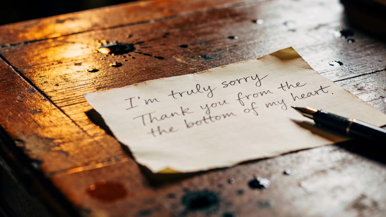 Framing apology note, camera adjusting focus and zoom, showing inked message on worn desk with pen