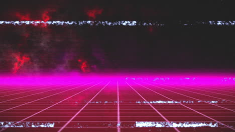 animación de líneas de distorsión, sobre una cuadrícula rosa en movimiento con horizonte brillante y nubes rojas