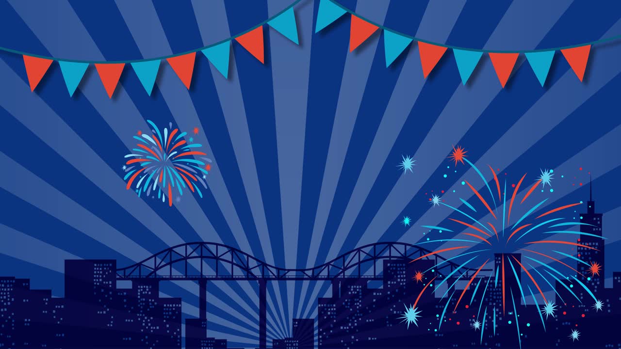 Colorful fireworks illuminate a city skyline at night, with dynamic bursts and festive bunting creating a celebratory atmosphere