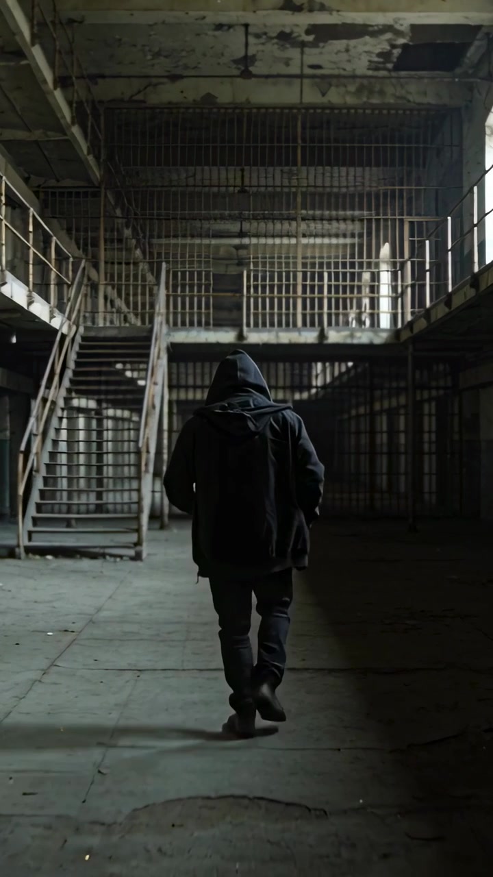 Vertical video: Stepping hooded man walking to metal staircase inside ruined cell block, with bars