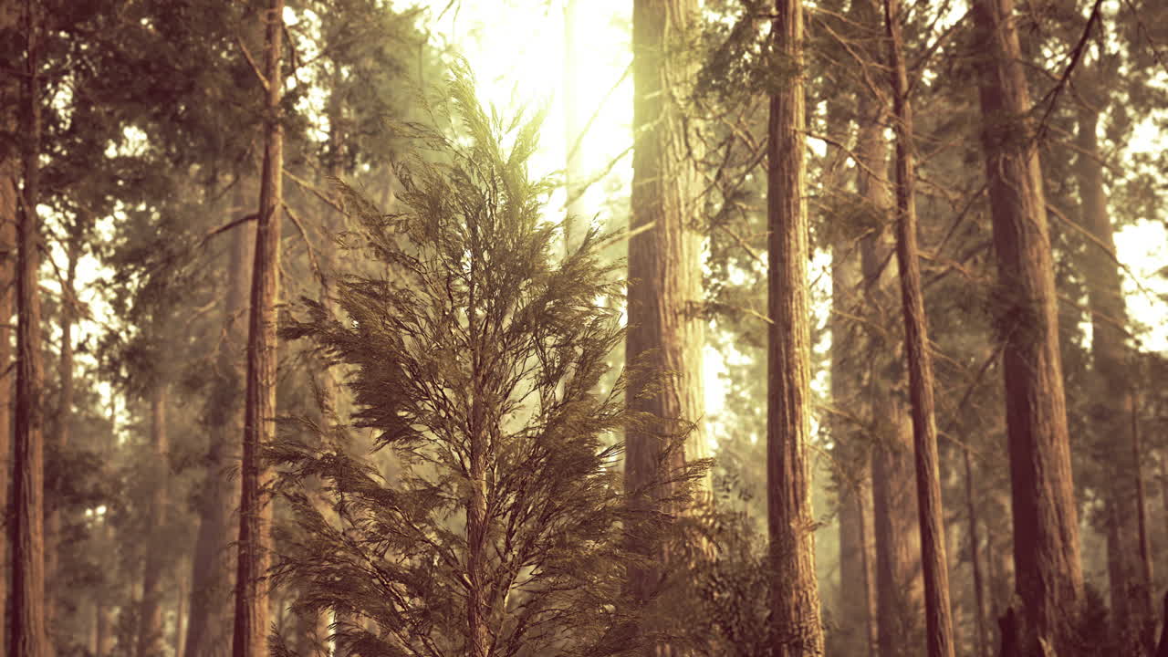 Golden sunlight streams through tall trees in a lush forest