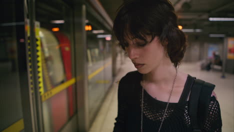 mulher esperando e usando telefone móvel na plataforma da estação de metrô de londres em tempo real