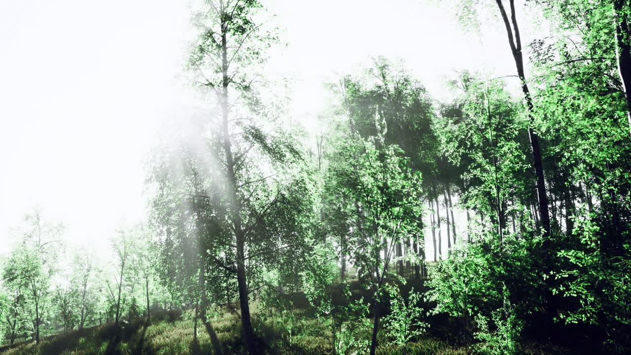 빛 이 낮 에 나무 를 통해 필터링 되는 울창 한 초록색 숲