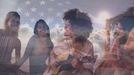 animation of flag of usa and sky with clouds over diverse people