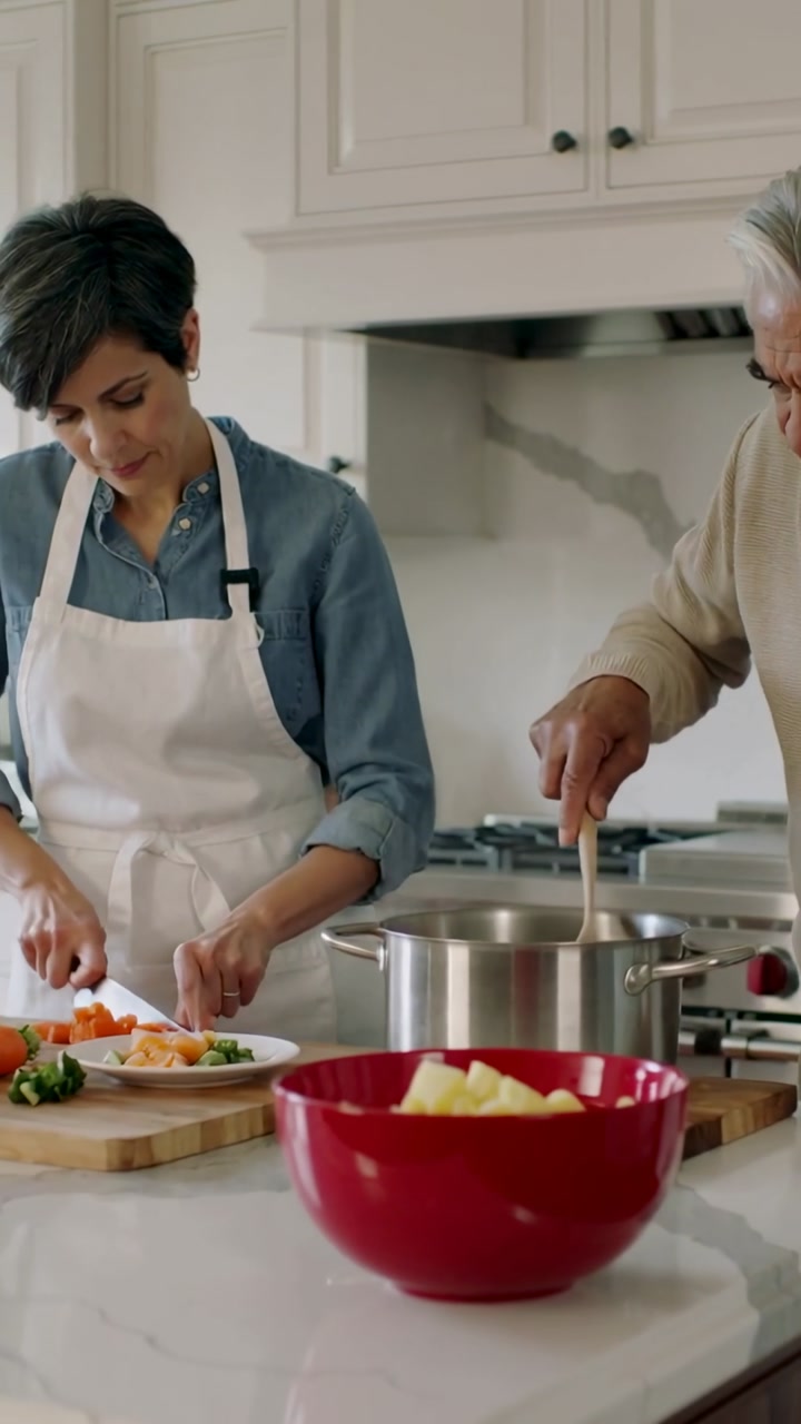 Vertical video: Flame rising as couple cooking in kitchen woman in apron chopping man stirring pot