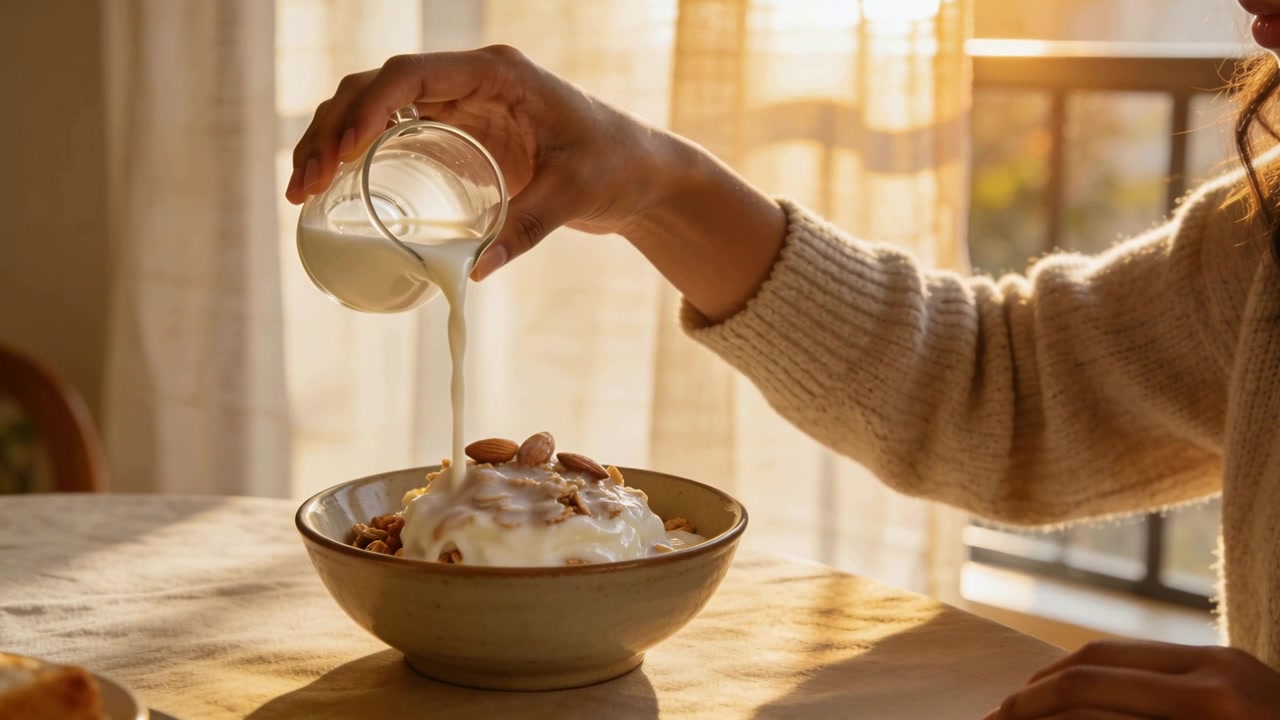 Mão de mulher com suéter inclinando uma jarra sobre uma tigela para cobrir granola com leite no café da manhã