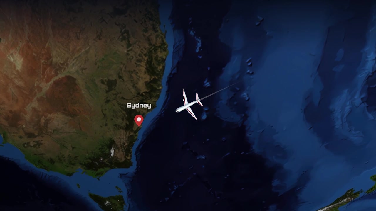 Satellite view animation follows an airplane flying across the Pacific Ocean from Phoenix to Sydney